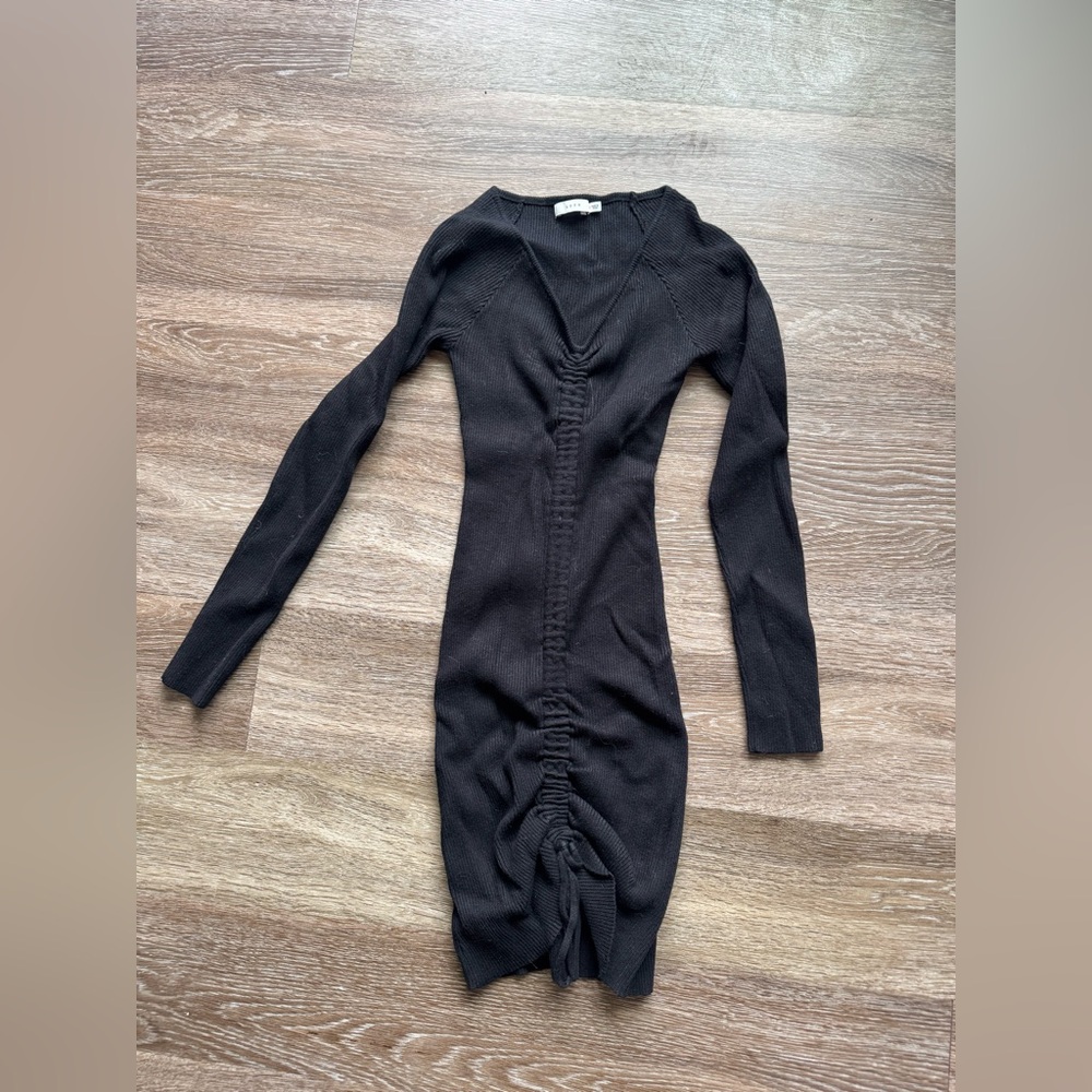 Lush Long Sleeve Black Ruched Front Knit Dress
